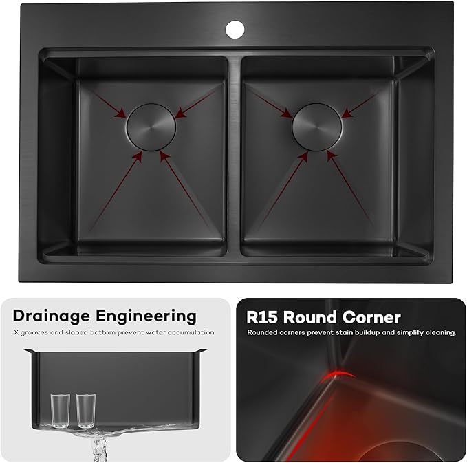 MILOSEN 31 Inch Black Double Bowl Kitchen Sink, 31''x22'' Drop in 16 Gauge T304 Black Stainless Steel Sinks, Workstation Sink 50/50 Topmount Double Basin with Accessories, 10'' Large and Deep Sinks