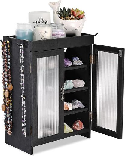 Ikee Design Wooden Countertop Storage Cabinet with Wavy Magnetic Door, Adjustable Shelves, Removable Hooks. Perfect for Perfume, Figurines, and Coffee Cups, Black Color, 10.4 W x 6.1 D x 14.4 H in