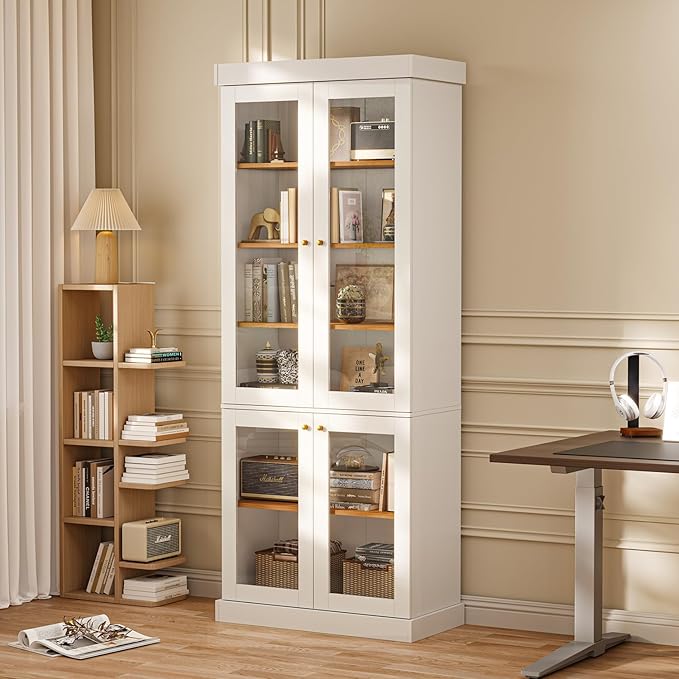 70.8" Farmhouse Kitchen Pantry Cabinet with Glass Doors, Modular Storage Cabinet with 6-Tier Adjustable Shelves, Large Storage Cabinet for Kitchen or Living Room, White