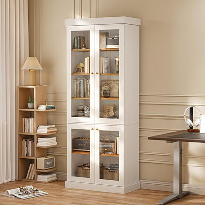 70.8" Farmhouse Kitchen Pantry Cabinet with Glass Doors, Modular Storage Cabinet with 6-Tier Adjustable Shelves, Large Storage Cabinet for Kitchen or Living Room, Set of 3, White