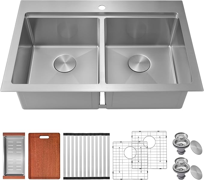 MILOSEN 36 Inch Double Bowl Kitchen Sink, 36''x22'' Drop in 16 Gauge T304 Stainless Steel Sinks, Workstation Sink 50/50 Topmount Double Basin with Accessories, 10'' Deep and Large Handmade Sinks