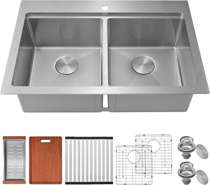 MILOSEN 36 Inch Double Bowl Kitchen Sink, 36''x22'' Drop in 16 Gauge T304 Stainless Steel Sinks, Workstation Sink 50/50 Topmount Double Basin with Accessories, 10'' Deep and Large Handmade Sinks
