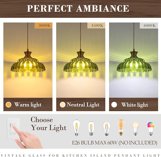 Green Glass Pendant Lights, 11.8" Vintage Lighting Glass Light Fixtures Brushed Gold Modern Hanging Ceiling for Kitchen Island Dining Room Restaurant Foyer Entryway