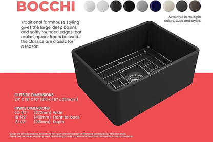 BOCCHI Classico Farmhouse Apron Front Fireclay 24 in. Single Bowl Kitchen Sink with Protective Bottom Grid and Strainer in M.Dark Gray