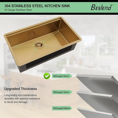 33x19 Undermount Gold Kitchen Sink - Beslend Stainless Steel Ledge Workstation Kitchen Sinks Gold Sink 16 Gauge Single Bowl Undermount Basin