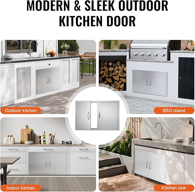 VEVOR BBQ Access Door, 36W x 21H Inch Double Outdoor Kitchen Door, Stainless Steel Flush Mount Door, Wall Vertical Door with Handles, for BBQ Island, Grilling Station, Outside Cabinet, Silver