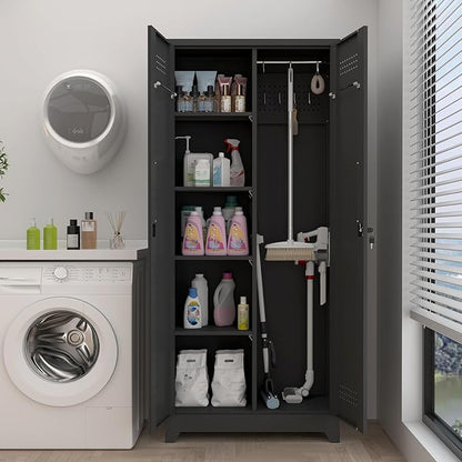 GREATMEET Metal Garage Storage Cabinet, 73" H Broom Closet Storage Cabinet, Locking Utility Cabinet with Doors and Shelves for Garage, Home, Black