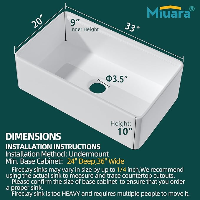 Miuara White Farmhouse Workstation Sink 33 Inch - Heavy Duty Fireclay Apron Front Kitchen Sink Undermount 33"x20"x10", Farm House Style Deep Single Bowl for Kitchen