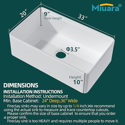 Miuara White Farmhouse Workstation Sink 33 Inch - Heavy Duty Fireclay Apron Front Kitchen Sink Undermount 33"x20"x10", Farm House Style Deep Single Bowl for Kitchen