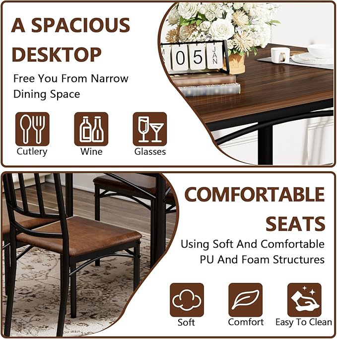 5 Piece Dining Table Set for 4, Farmhouse Kitchen Table and PU Chairs, Small Space Compact Dinette, Wood Top & Metal Frame, Breakfast Nook Set for Apartment Dining Room (Walnut+Black)