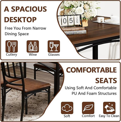 5 Piece Dining Table Set for 4, Farmhouse Kitchen Table and PU Chairs, Small Space Compact Dinette, Wood Top & Metal Frame, Breakfast Nook Set for Apartment Dining Room (Walnut+Black)