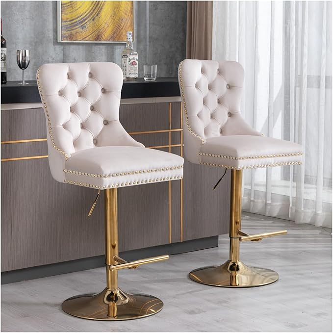 Thick Golden Swivel Velvet Barstools Adjusatble Seat Height from 27-35 Inch, Modern Upholstered Bar Stools with Backs Comfortable Tufted for Home Pub and Kitchen Island
