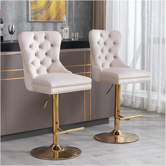 Thick Golden Swivel Velvet Barstools Adjusatble Seat Height from 27-35 Inch, Modern Upholstered Bar Stools with Backs Comfortable Tufted for Home Pub and Kitchen Island