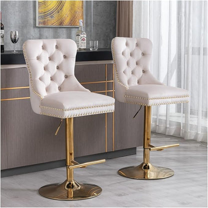 Thick Golden Swivel Velvet Barstools Adjusatble Seat Height from 27-35 Inch, Modern Upholstered Bar Stools with Backs Comfortable Tufted for Home Pub and Kitchen Island,for Living Room