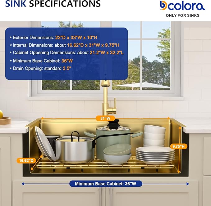 Dcolora 33 In. Gold Drop In Kitchen Sink, Workstation with Valued Accessories, Heavy Duty 16 Gauge 304 Stainless Steel Luxury Gold Nano-PVD, 33"x22"x10" Large Single Bowl #DC-T2533013GW