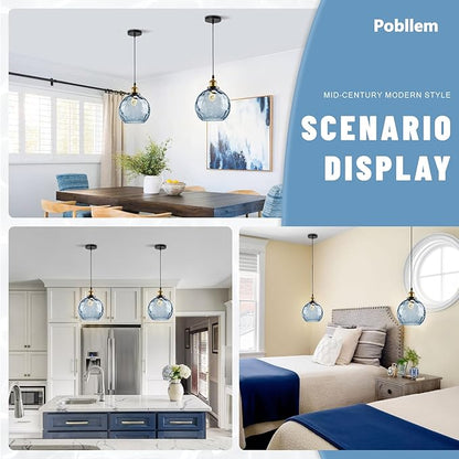 Modern Pendant Lights Kitchen Island, Hand Blown Glass Hanging Kitchen Lights with 7.8" Blue Hammered Globe, 1-Light Island Pendant Lights for Kitchen Dining Room Bathroom Bedroom