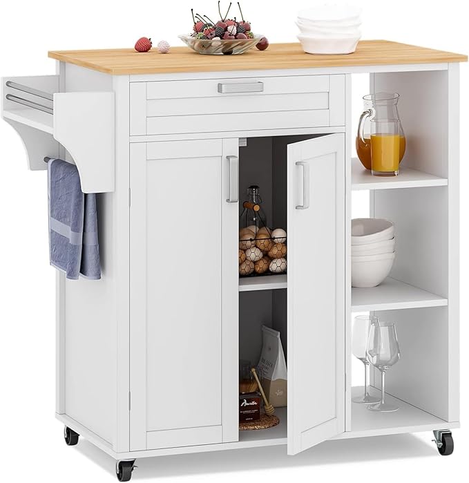 DWVO Rolling Kitchen Island Table on Wheels, Mobile Kitchen Cart with Storage, Butcher Block Island with Open Shelf, Drawer, Spice/Towel Rack, 37inch, White