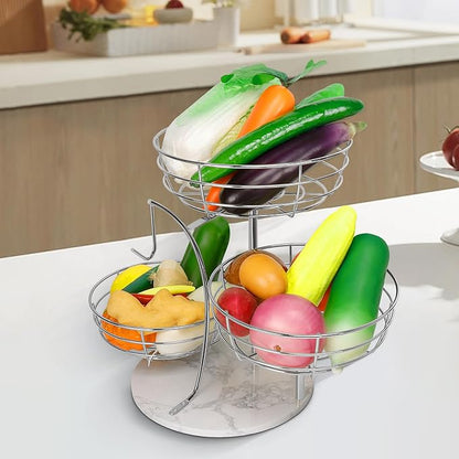 Livabber Fruit Basket Bowl with Banana Hanger, Metal Fruit Vegetable Storage Basket with Banana Holder for Kitchen Counter, Detachable Organizer for Bread Snack Produce (Chrome, 3-Tier Marble Base)