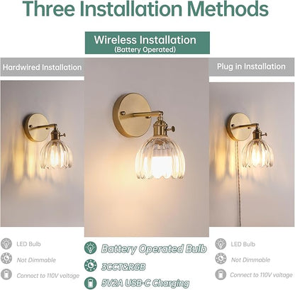 Shenmoyl Vintage Battery Operated Wall Sconce with Transparent Tulip Glass Lampshade Rechargeable Battery Powered Wall Light with Remote Control for Bedside Bedroom Doorway