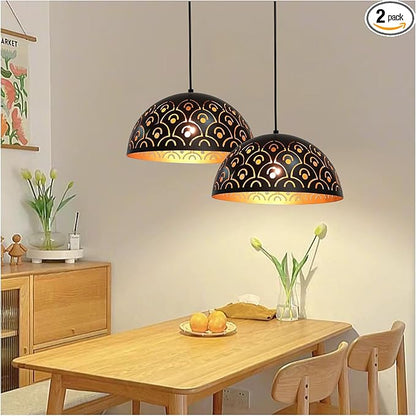 Pendant Lights Kitchen Island Farmhouse Set of 2, Black And Gold Hanging Lamp Retro, Adjustable Height, 11.8 in Hollow Lampshade, E26 Vintage Chandeliers for Dining Room, Bedroom, Hallway, Entryway