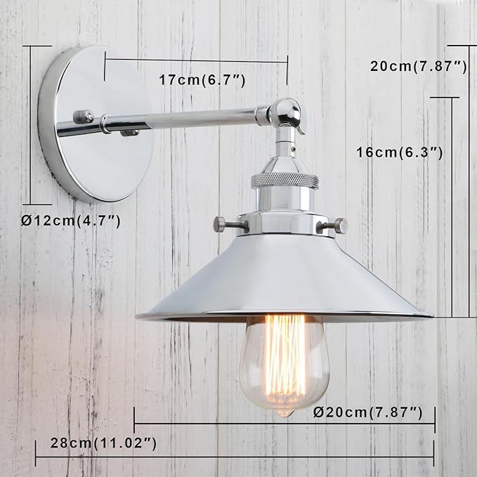 PERMO Vintage Industrial Metal Wall Sconce Lighting 180 Degree Adjustable Wall Lamp (Chrome)