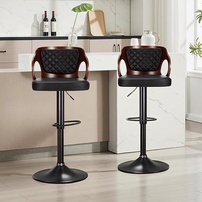 VECELO Swivel Bar Stools Set of 2, Adjustable Counter Height Stools with Bentwood Back, Armrest, Footrest & PU Leather Seat, Modern Bar Chairs for Kitchen Island, Black