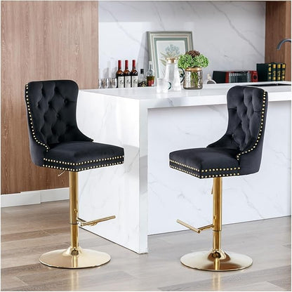 Thick Golden Swivel Velvet Barstools Adjusatble Seat Height from 27-35 Inch, Modern Upholstered Bar Stools with Backs Comfortable Tufted for Home Pub and Kitchen Island