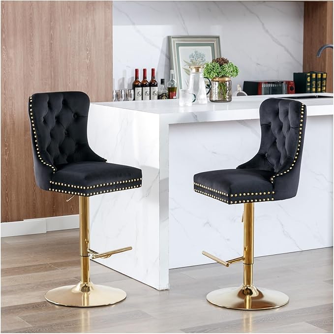 Thick Golden Swivel Velvet Barstools Adjusatble Seat Height from 27-35 Inch, Modern Upholstered Bar Stools with Backs Comfortable Tufted for Home Pub and Kitchen Island,for Living Room