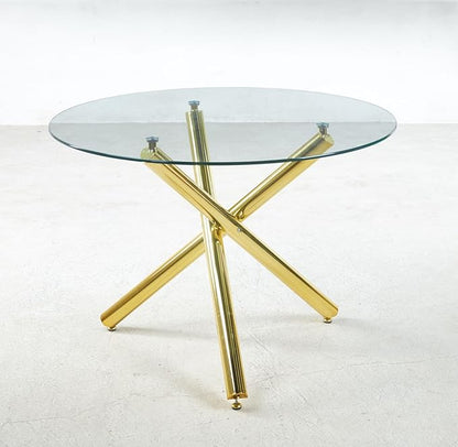 43.3" Round Glass Dining Table for 6, Modern Clear Glass Kitchen Table for 6 with Gold X Metal Legs, Contemporary Small Circle Dining Room Leisure Tables for Kitchen Apartment