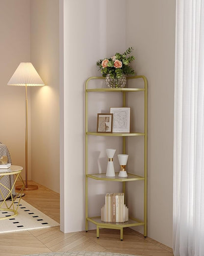 Hzuaneri Corner Shelf Stand, 4-Tier Glass Bookshelf Bookcase, Bathroom Organizer, Plant Stand, Steel Frame, Tempered Glass, Modern Style for Living Room, Bathroom, Kitchen, Golden CS90400G