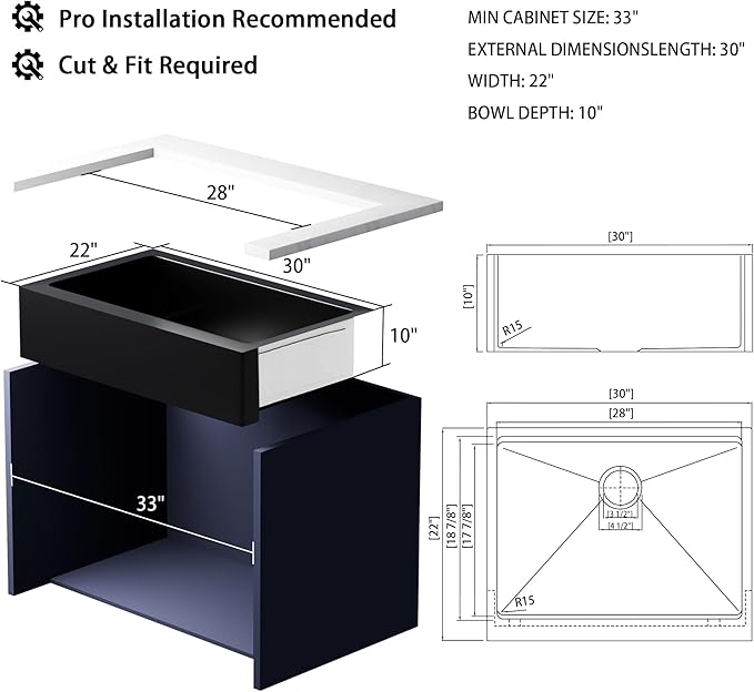 30-Inch Farmhouse Kitchen Sink, 16 Gauge Stainless Steel Farm Sink, Undermount Single Bowl, Brushed Finish, Deep Basin, Workstation Design with Accessories (Black, 30" x 22" x 10")