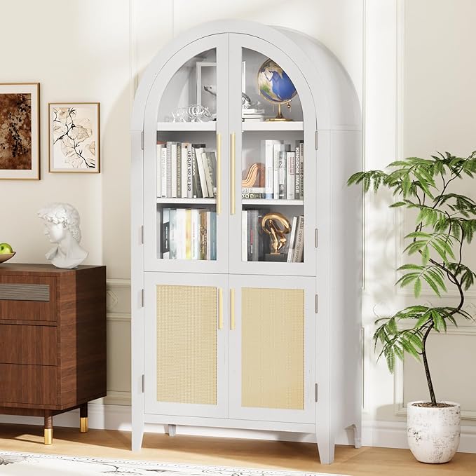 63” Tall Arched Kitchen Pantry Cabinet, 5-Tier Modern Farmhouse Flute Pantry with Adjustable Shelves, Kitchen Storage Cabinet for Kitchen, Dining Room, Living Room, White