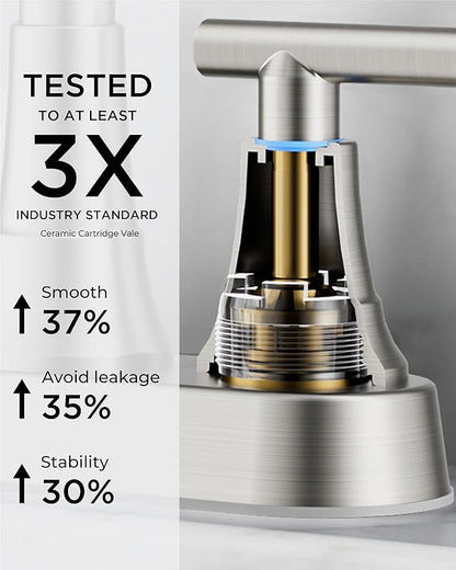 FORIOUS Bathroom Faucets Brushed Nickel, 4 Inch Centerset Bathroom Sink Faucet 2 or 3 Hole with Pop up Drain and cUPC Hose, Two Handles Control, 360° spout for Restroom,Vanity, Rv, 2 Pack