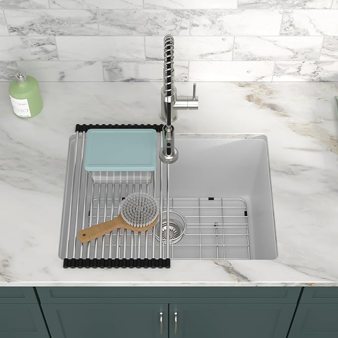24 Inch Undermount Laundry Sink, White Granite Composite Quartz Sink, 12 Inch Deep Single Bowl Utility Sink, Non-Porous, Stain Resistant, Easy to Clean, Modern Sink for Laundry Room