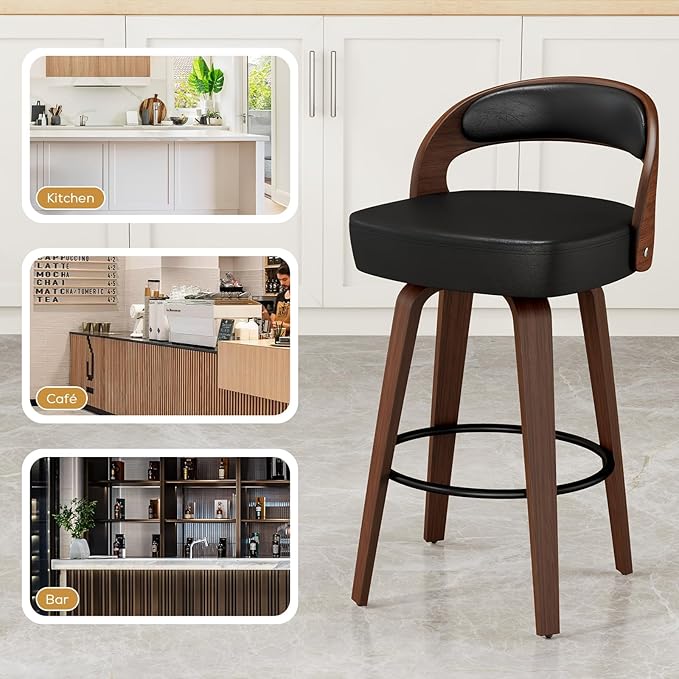 GOWE Swivel Bar Stools Set of 2, 26.8" Counter Height Bar Stools for Kitchen Island, Black Barstools Upholstered Faux Leather & Solid Wood Legs, VF
