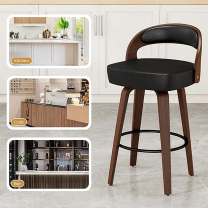 GOWE Swivel Bar Stools Set of 2, 26.8" Counter Height Bar Stools for Kitchen Island, Black Barstools Upholstered Faux Leather & Solid Wood Legs, VF
