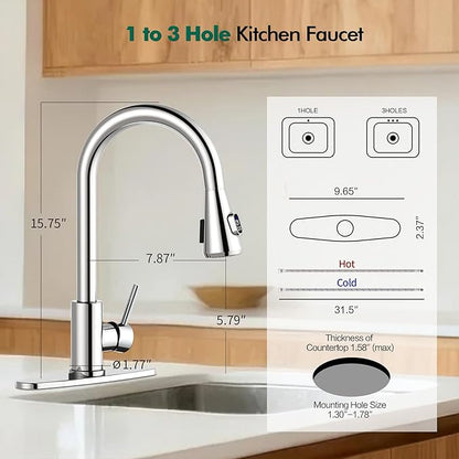 HOMELODY LED Temperature Display Kitchen Faucet with Pull Down Sprayer - Polished Chrome Single Handle Faucet for Kitchen Sink, High Arc Stainless Steel Design for RV Laundry Farmhouse Bar
