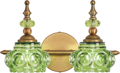 Green 2-Light Vintage Vanity Light Fixtures with Crystal Glass Shade, Rust-Proof and Durable Bathroom Lighting Wall Sconce for Bathroom Bedroom Living Room Hallway