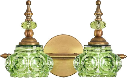 Green 2-Light Vintage Vanity Light Fixtures with Crystal Glass Shade, Rust-Proof and Durable Bathroom Lighting Wall Sconce for Bathroom Bedroom Living Room Hallway
