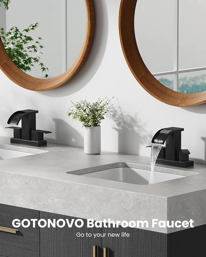 gotonovo Waterfall 4 Inch Centerset Bathroom Sink Faucet 2 Handle Basin Faucets 2 or 3 Hole Deck Mount with Pop Up Drain Included Lavatory Modern Mixer Tap Vanity Faucet Matte Black