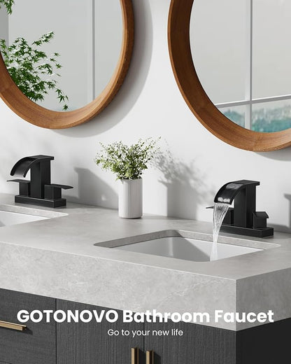 gotonovo Waterfall 4 Inch Centerset Bathroom Sink Faucet 2 Handle Basin Faucets 2 or 3 Hole Deck Mount with Pop Up Drain Included Lavatory Modern Mixer Tap Vanity Faucet Matte Black