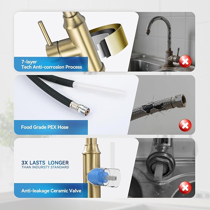 Gold Kitchen Faucet with Sprayer,Single Handle Kitchen Sink Faucet with Pull Out Sprayer, Champagne Bronze, Arofa Brushed Gold Brass Faucets for RV/Outdoor/Bathroom Sink