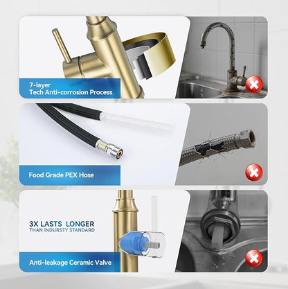 Gold Kitchen Faucet with Sprayer,Single Handle Kitchen Sink Faucet with Pull Out Sprayer, Champagne Bronze, Arofa Brushed Gold Brass Faucets for RV/Outdoor/Bathroom Sink