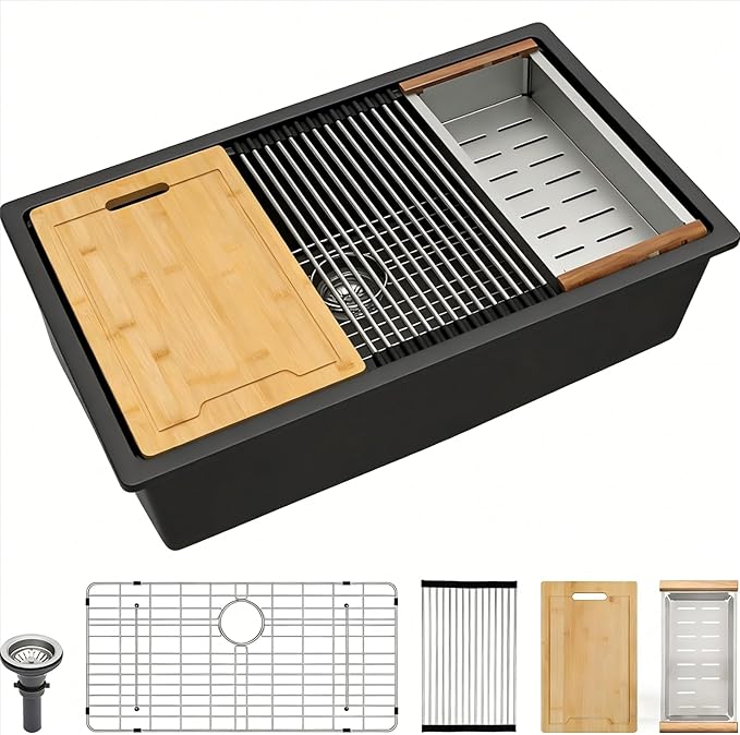 Lordear 33 Black Kitchen Sink Granite Composite Undermount Sink 33x19 Inch Quartz Composite Black Deep Single Bowl Workstation Undermount Kitchen Sinks