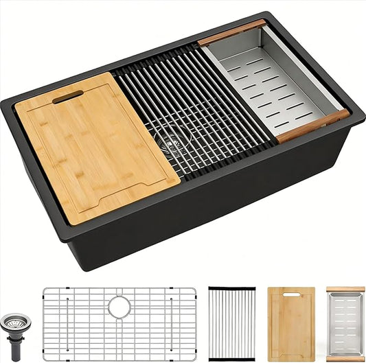 Lordear 33 Black Kitchen Sink Granite Composite Undermount Sink 33x19 Inch Quartz Composite Black Deep Single Bowl Workstation Undermount Kitchen Sinks