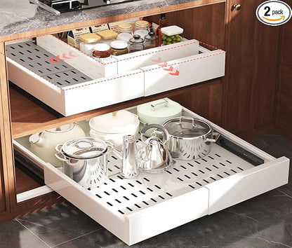 Seinloes 2 Pack Pull Out Cabinet Organizer Expandable Width(13"-21") and Depth(17"-24"), Slide Out Drawers With Raising Pad for Framed Cabinets, No Drill Roll Out Shelves for kitchen, Bathroom, White