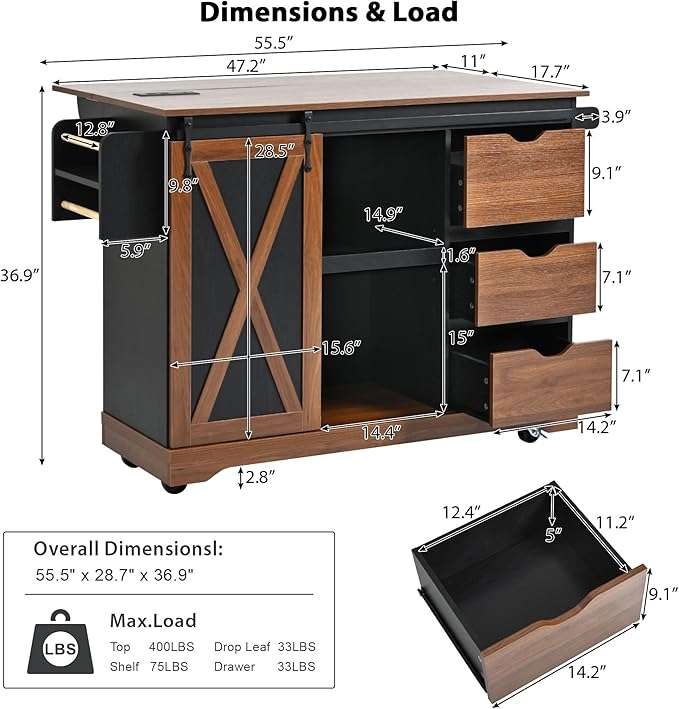RUNNA Farmhouse Kitchen Island with Drop Leaf, Kitchen Storage Island with Barn Door, Power Outlet,Rolling Kitchen Cart on Wheels with Spice Rack, for Home, Kitchen,Dining Room (Black_29)