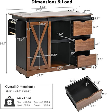 RUNNA Farmhouse Kitchen Island with Drop Leaf, Kitchen Storage Island with Barn Door, Power Outlet,Rolling Kitchen Cart on Wheels with Spice Rack, for Home, Kitchen,Dining Room (Black_29)