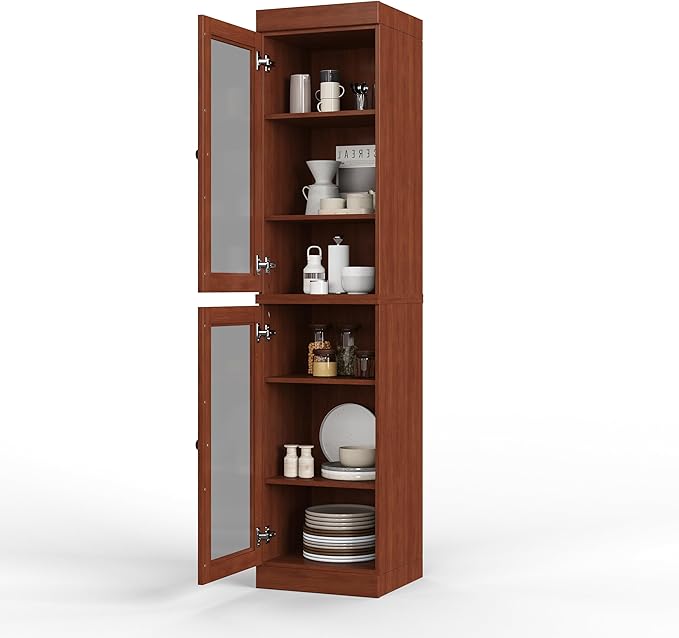 Palace Imports Solid Wood Kitchen Pantry Cabinet w/Glass Doors - Narrow Storage Cabinet - 16.5" Wide x 71.5" Tall - Mocha, Adjustable Shelves, 100% Eco-Friendly Wood, Modular Cabinets