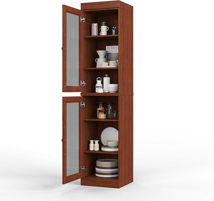 Palace Imports Solid Wood Kitchen Pantry Cabinet w/Glass Doors - Narrow Storage Cabinet - 16.5" Wide x 71.5" Tall - Mocha, Adjustable Shelves, 100% Eco-Friendly Wood, Modular Cabinets